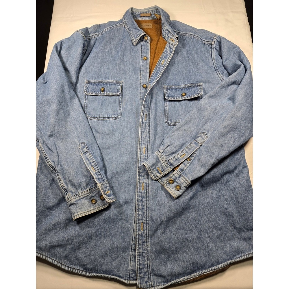 St Johns Bay Mens XL Tall Fleece Lined Denim Shirt Jacket Light Wash Blue Cotton